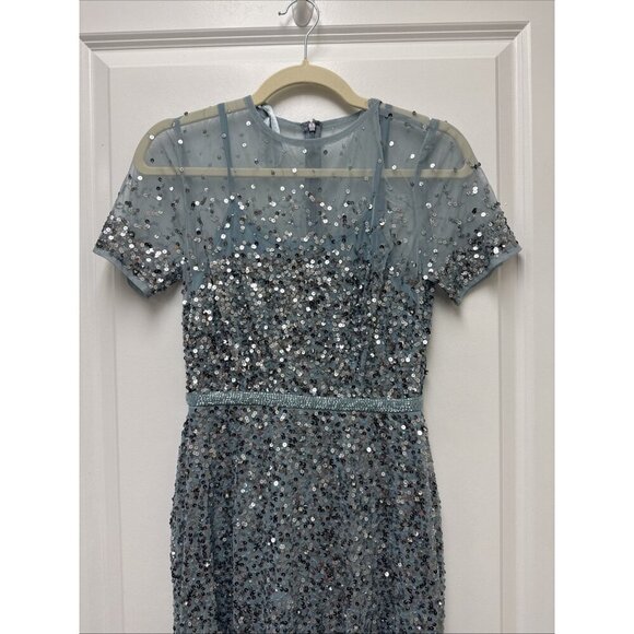 MAC DUGGAL Size 2 Slate Blue HIGH NECK SHORT SLEEVE SEQUIN EMBELLISHED DRESS - Picture 5 of 10